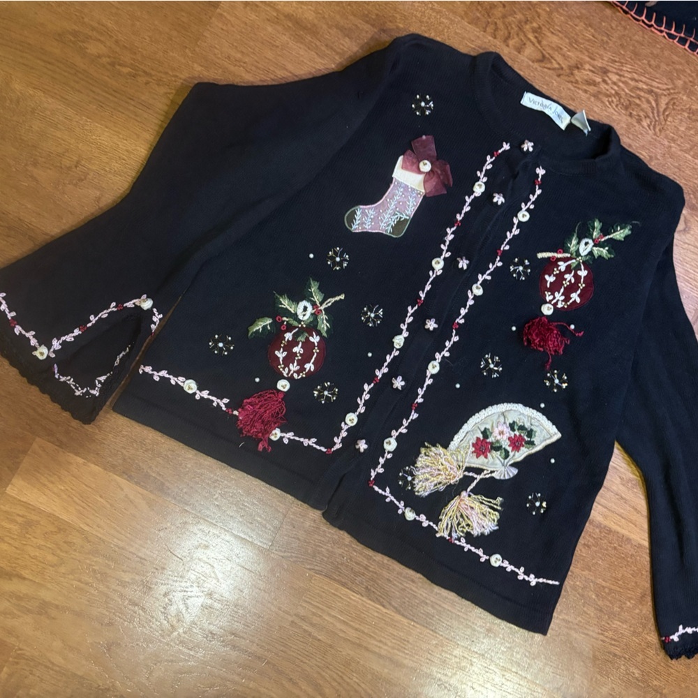 Vintage XL Christmas Sweater Black Beaded Embroidered  Flare Sleeves